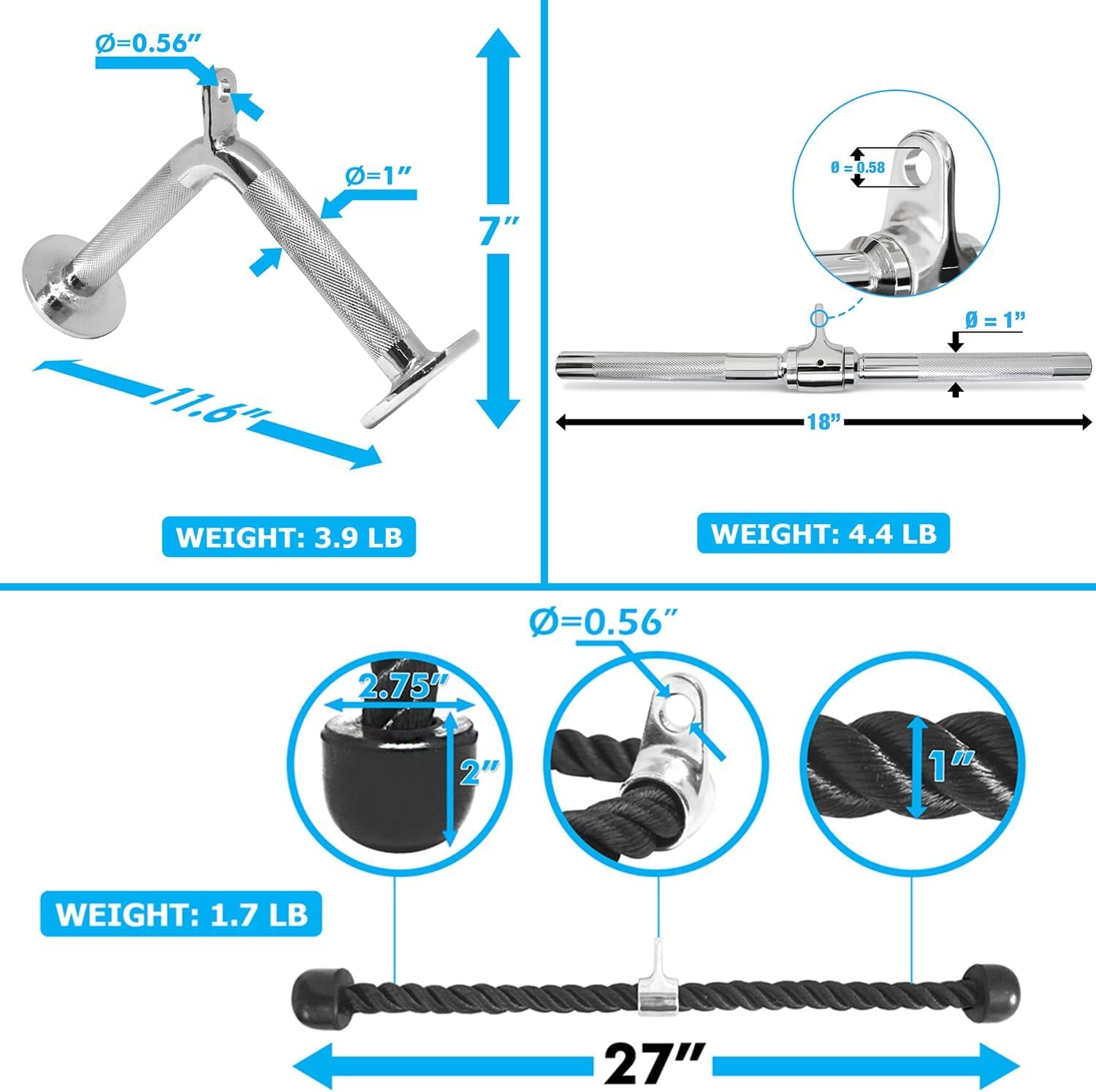Combo Tricep Press down Cable Attachment - Cable Machine Accessories for Home Gym with Multi Option